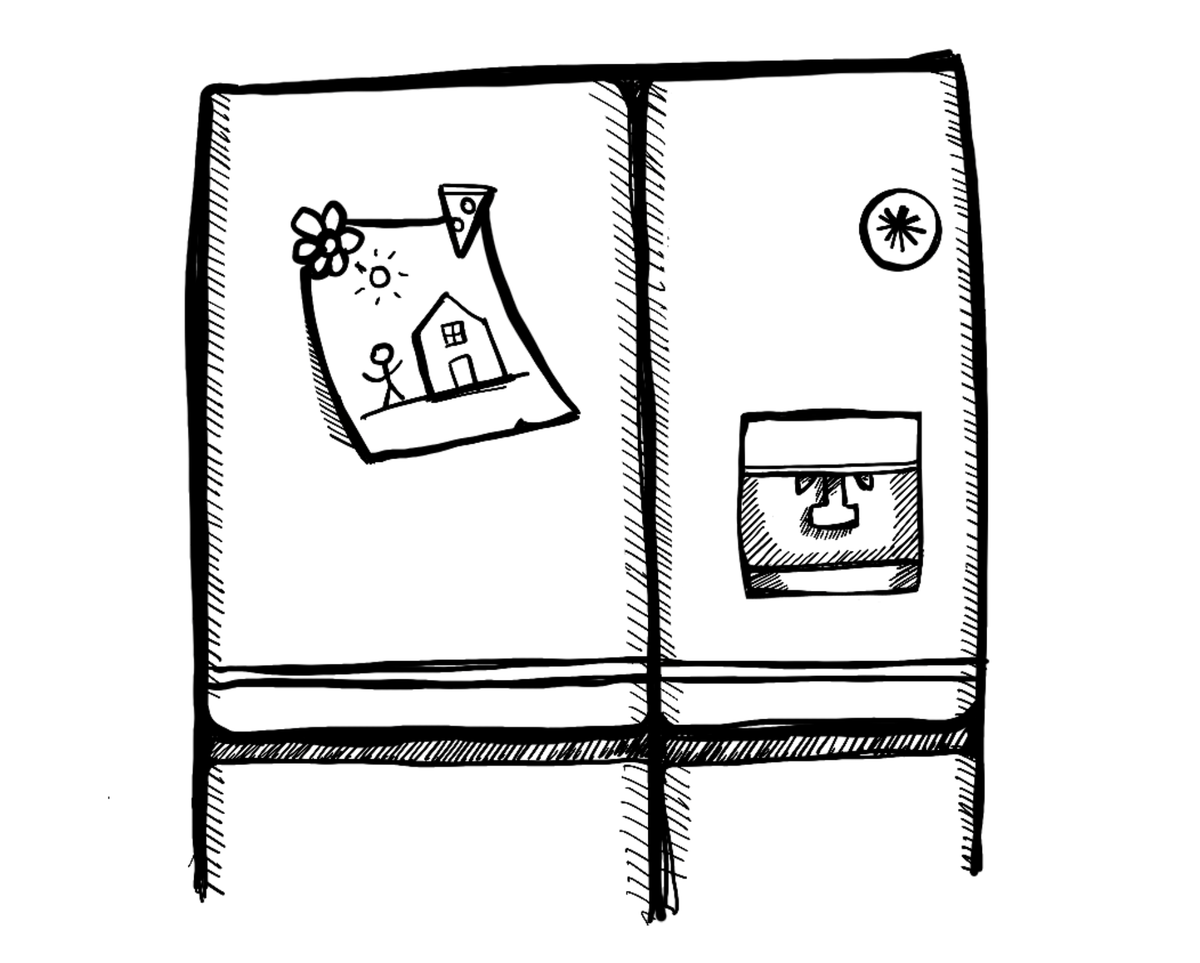 Rod Sampera’s doodle of a fridge with a drawing of a house and person pinned to its door