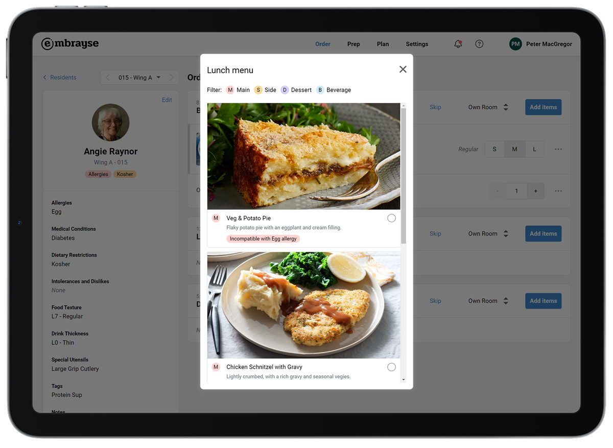 Embrayse meal selection on iPad