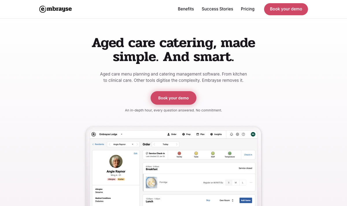 Embrayse landing-page hero with its wordmark, aged-care catering headline, demo invitation and product screen