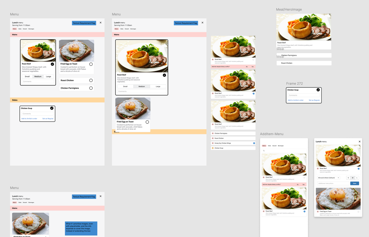Meal selection design studies comparing photo-led cards, selected states, portion controls, comments and dietary conflict warnings