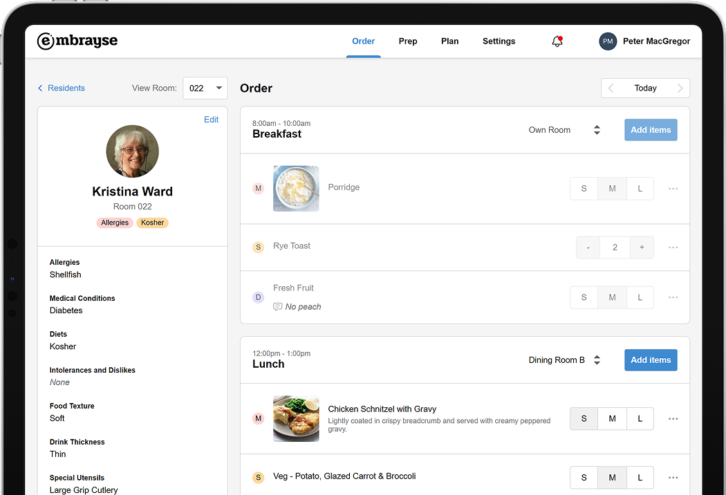Embrayse ordering screen with the resident’s dietary profile beside breakfast and lunch orders
