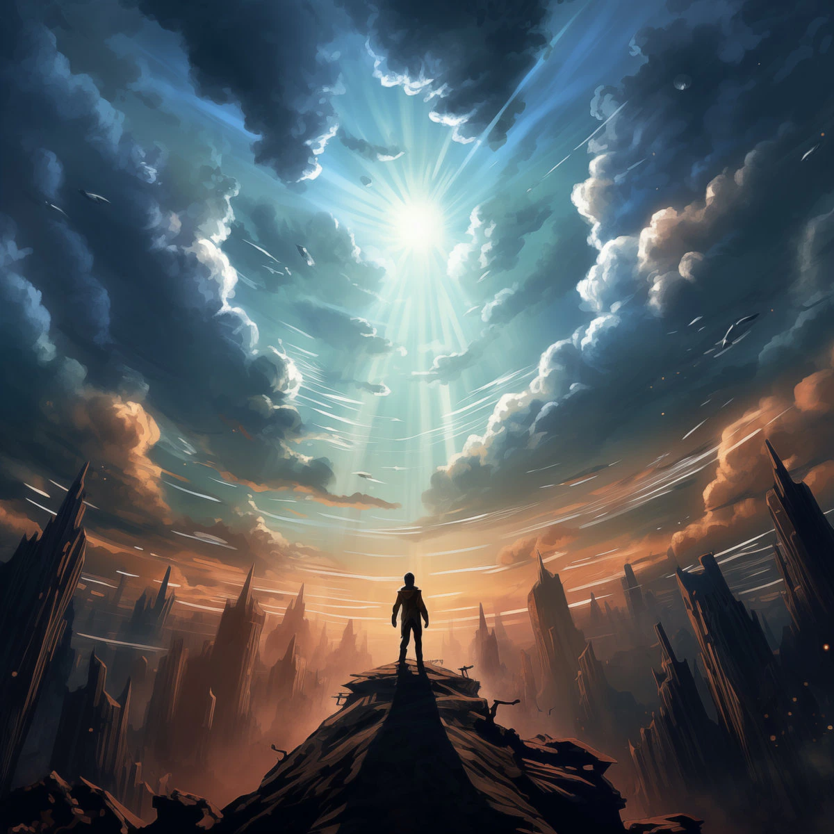 Fade Into Bliss cover: a lone figure beneath a luminous opening in a vast, cloud-filled sky
