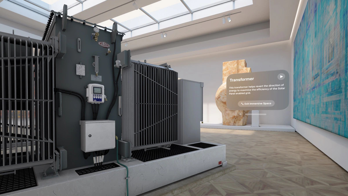 Xcode Simulator view of a transformer model in an immersive room with a small information panel