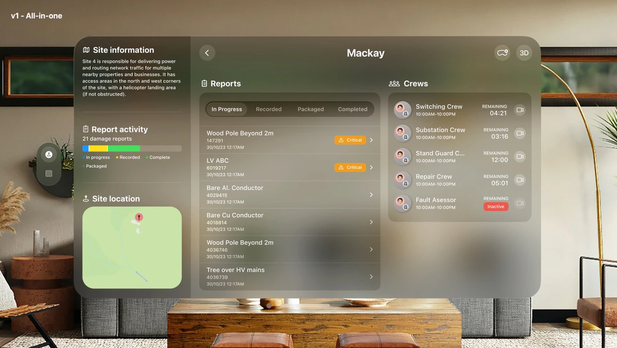 Early all-in-one concept with site information, damage reports and crew panels in one large window