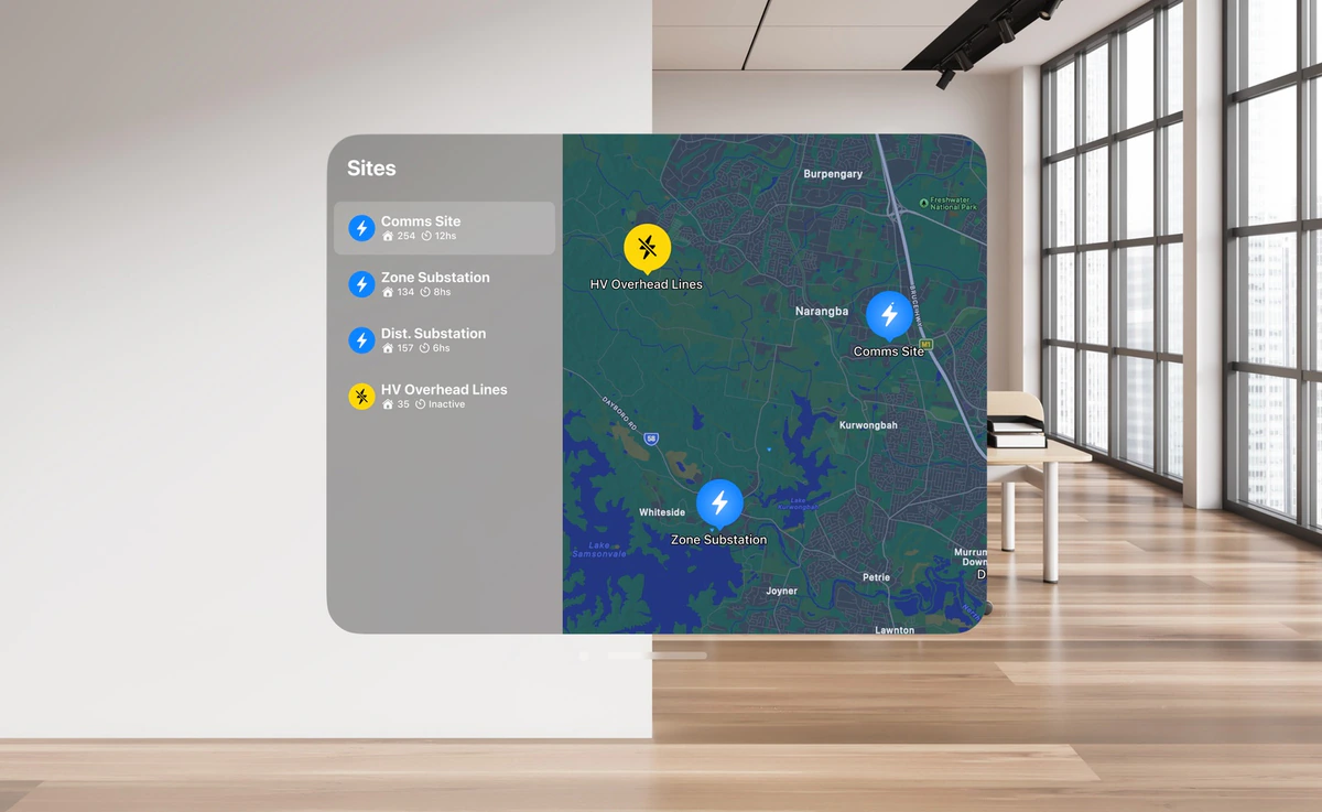 Figma concept of a floating Sites map showing network locations in a room
