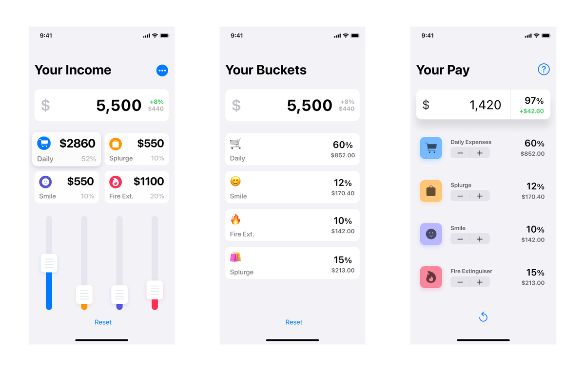 Three early Happy Buckets main-screen explorations showing bucket allocations with sliders, a list and plus/minus stepper controls
