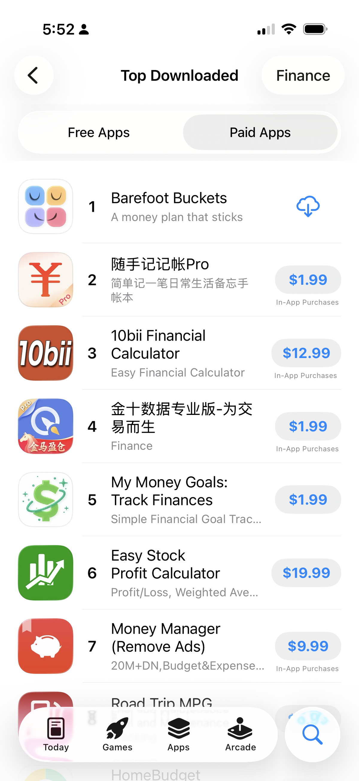 App Store Finance chart with Paid Apps selected and Barefoot Buckets ranked No. 1, followed by the second and third entries