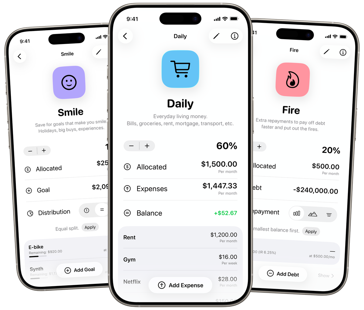 Happy Buckets product screens showing Smile savings goals, Daily expenses and Fire debt repayments