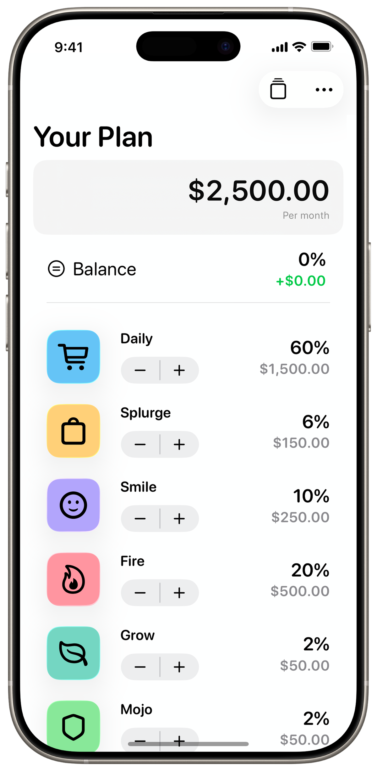 Happy Buckets on iPhone, showing a money plan split into colourful buckets