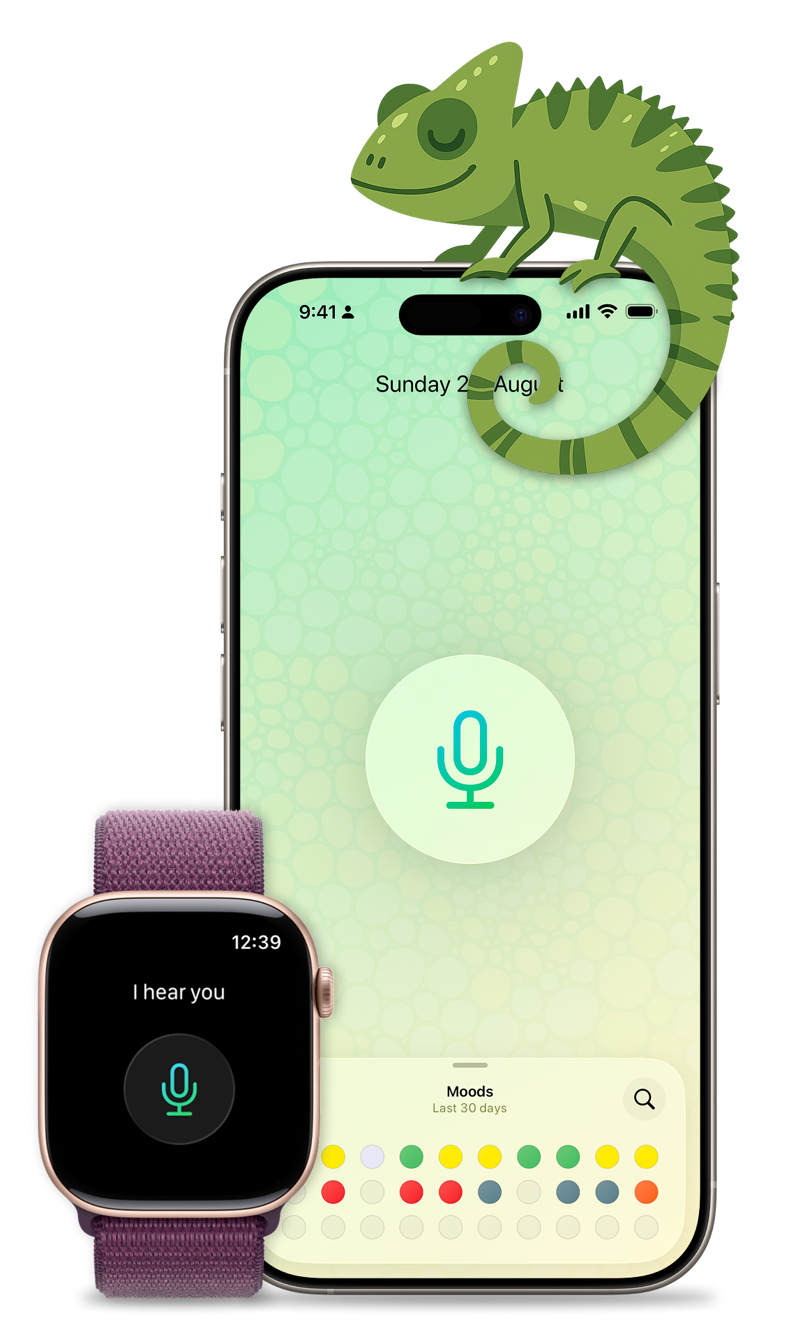 Moods on iPhone and Apple Watch, with Moo the chameleon and a voice journal entry
