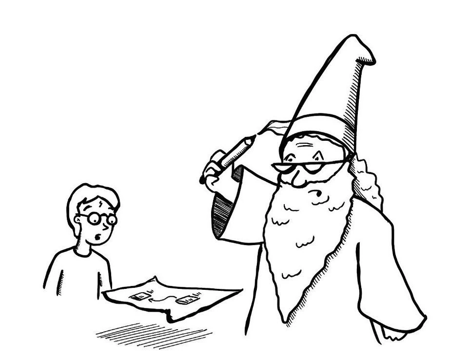 Sketch of Harry and Dumbledore sketching a thought.