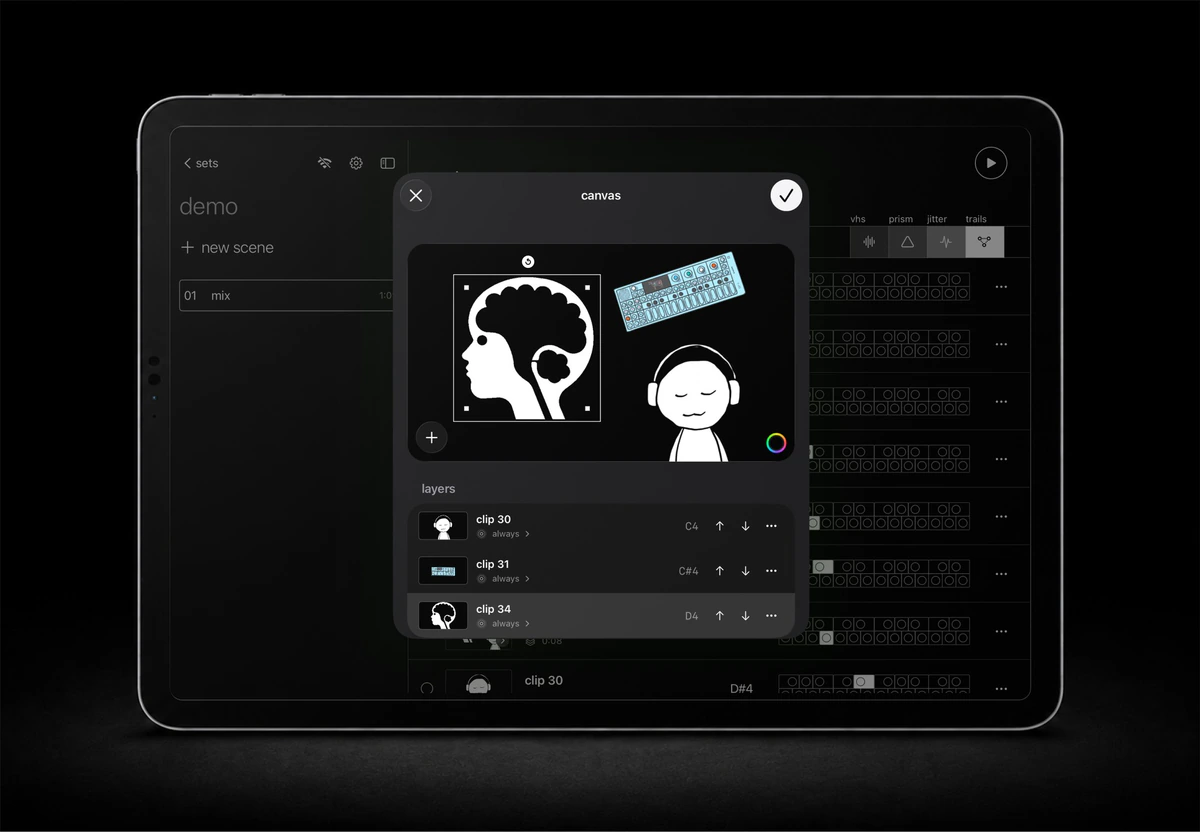 Canvas editor with layered illustrations and an OP-XY image, plus individual layer controls