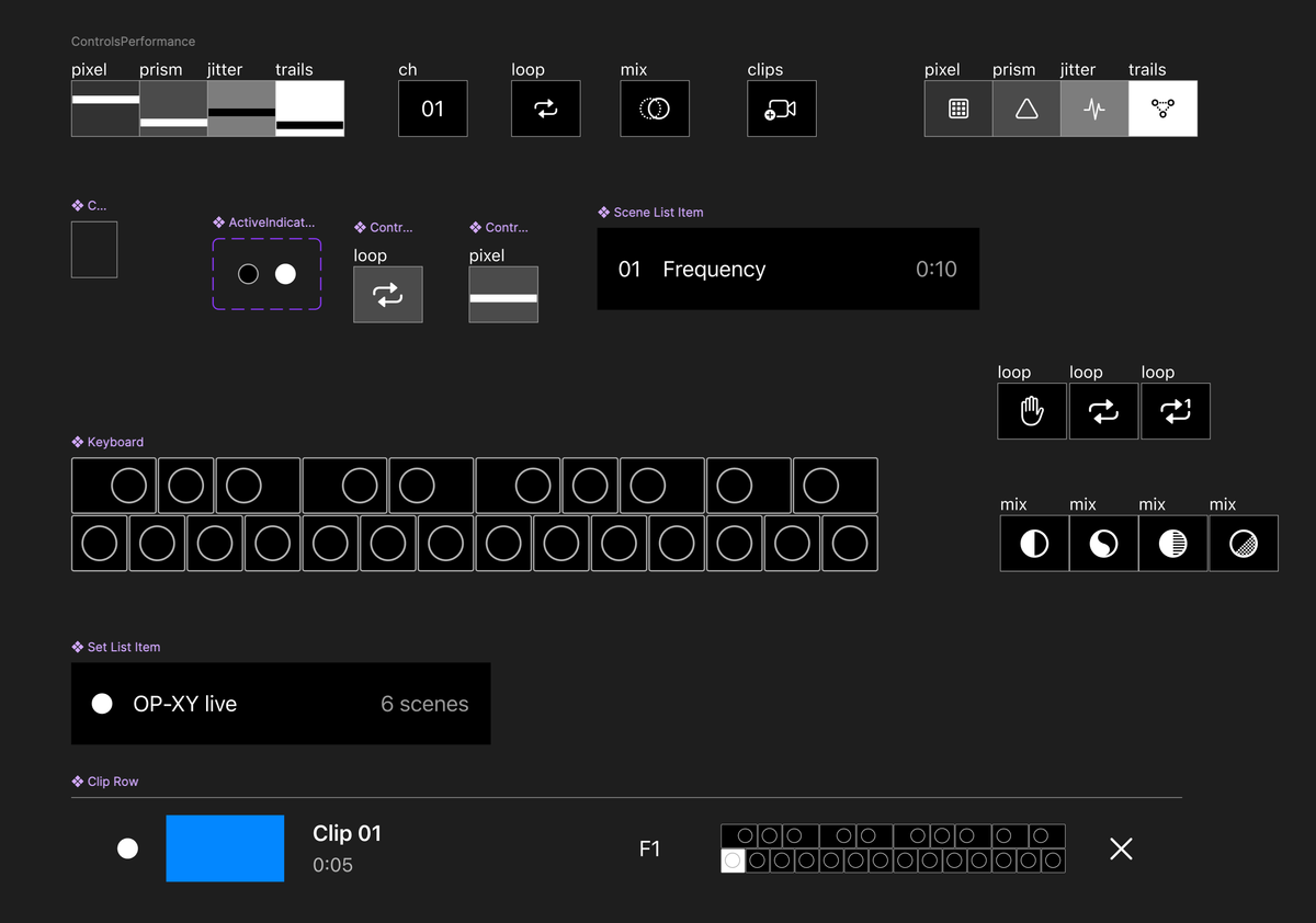 Interface component study showing four grayscale effect controls, loop and mix icons, scene rows and keyboard mappings