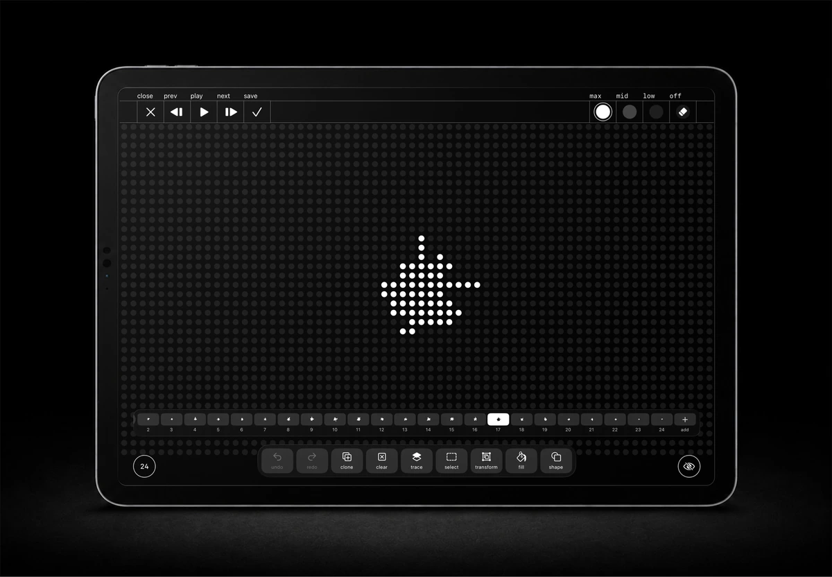 VJ-XY matrix editor on iPad, with a white dot animation, frame strip and drawing tools