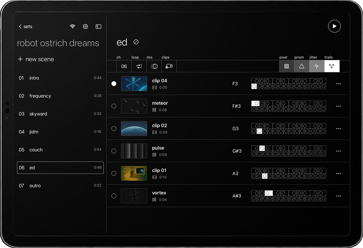 VJ-XY on iPad, showing a live set, scenes and clips mapped to OP-XY keys