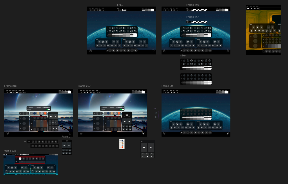 Performance layout explorations showing alternative arrangements for mixer, effects, tape and scale controls over live visuals