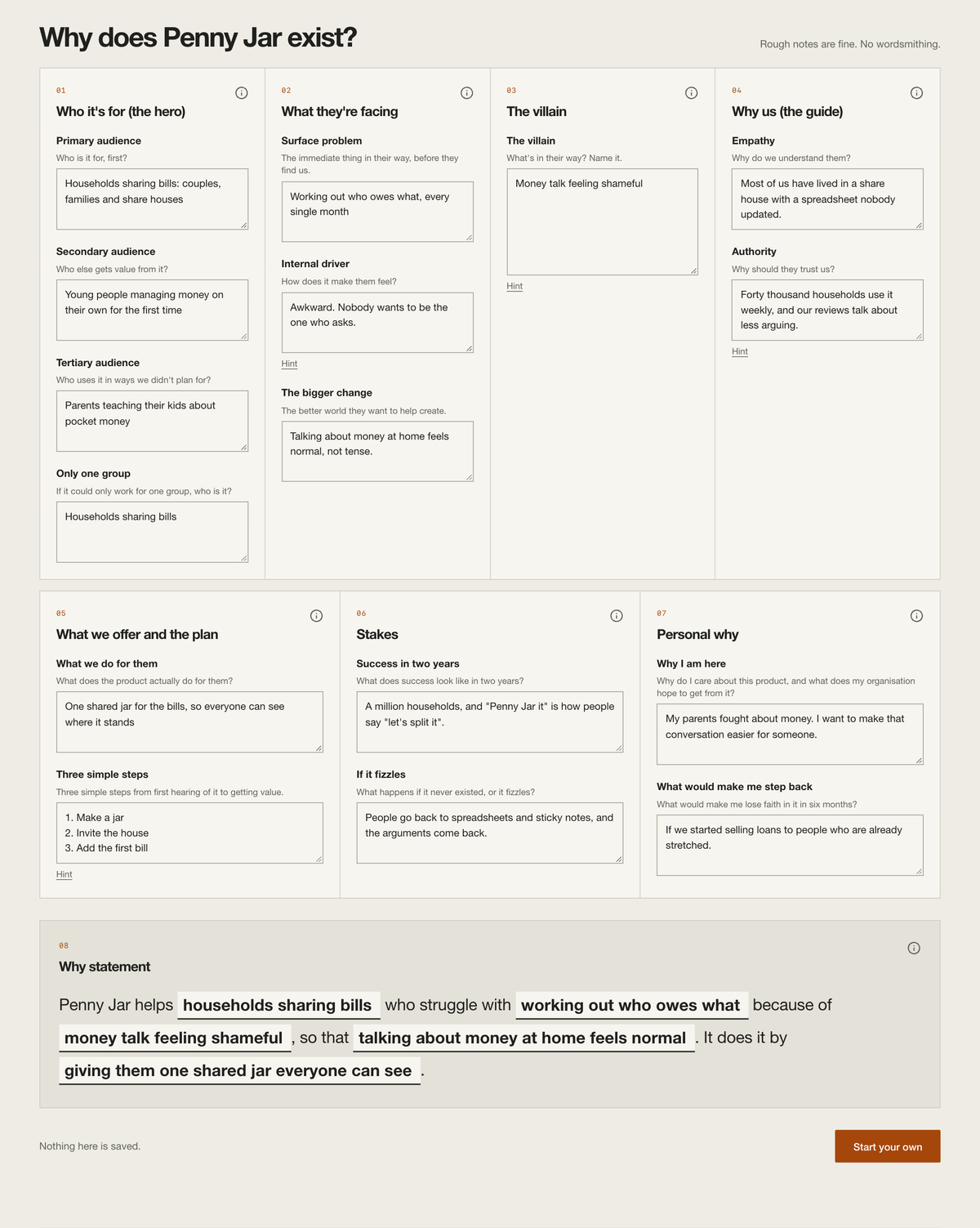 A completed Why Canvas for Penny Jar, showing its audience, problem, plan and why statement