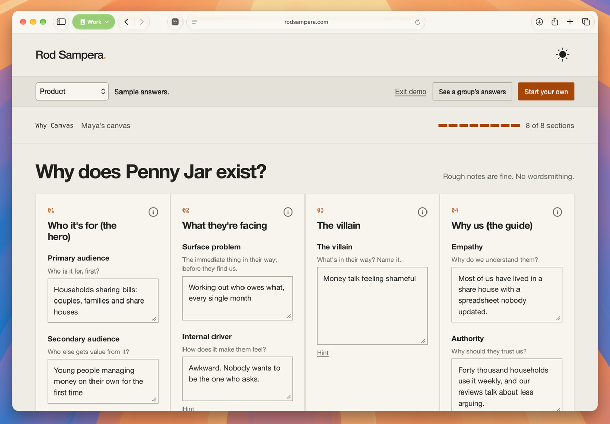 Why Canvas overview showing sample Penny Jar answers across the purpose canvas